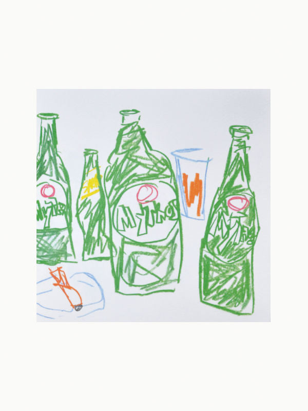 Child's crayon drawing of various bottles and a cup on a table, depicted in green, red, and orange colors, inspired by Maison Plage's "The Greece Notebook" by Michael McGregor.