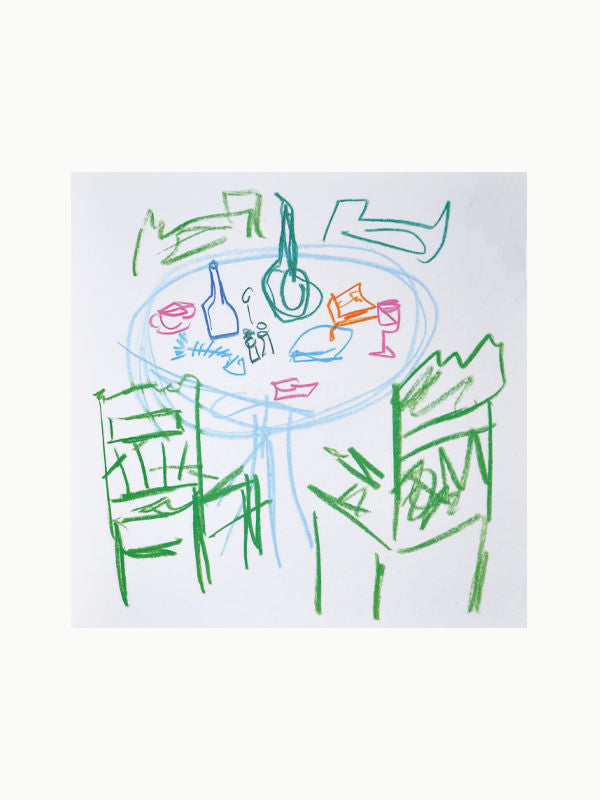 Child's crayon drawing of a round table with various items like bottles and glasses on it, surrounded by chairs, depicted in a colorful, simplistic style inspired by Maison Plage's "The Greece Notebook" by Michael McGregor.