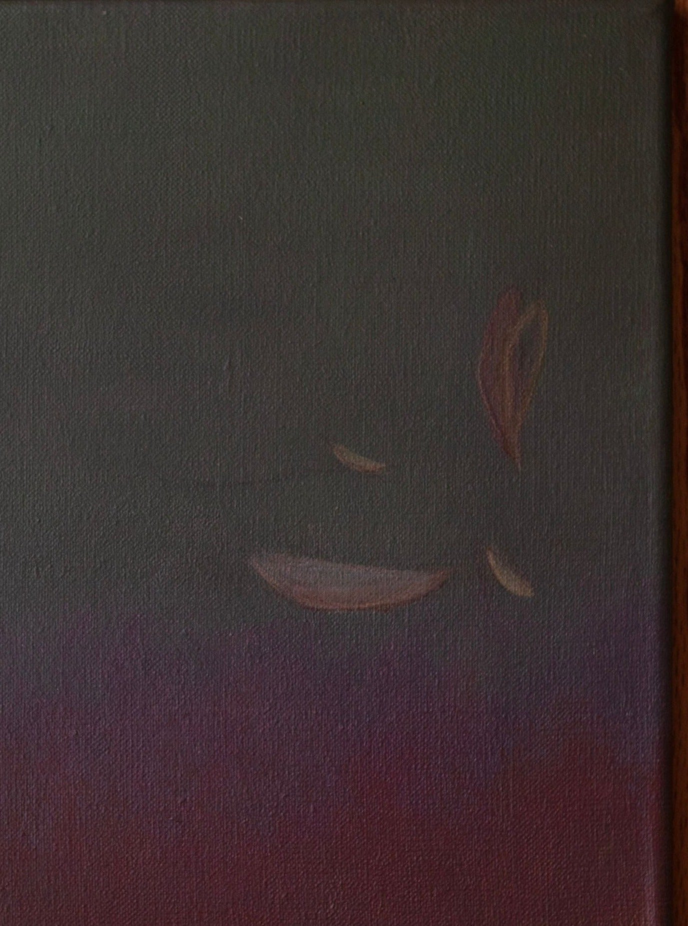 Rebecca von Matérn's "Ponds and Breezes #8, 2023" is a dark, abstract painting with an ethereal face formed by white brushstrokes on a blurred deep green and purple background. The ear-like shape on the right adds sculptural depth, making it ideal for enhancing any luxury interior with its contemporary design.