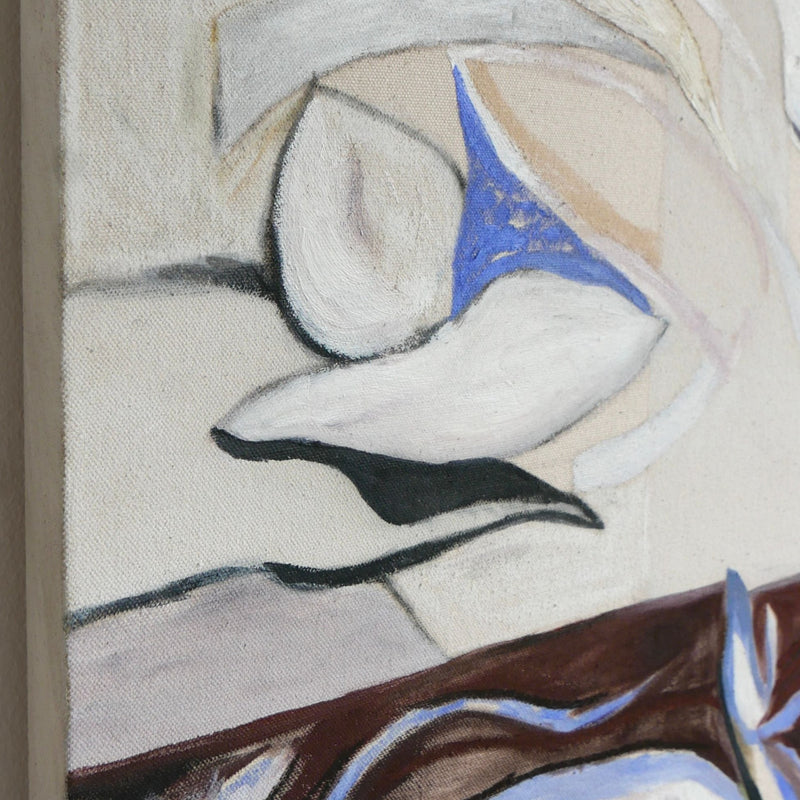Close-up of a canvas showing an abstract oil painting with curved shapes and a mix of 'Blue' colors, highlighting the texture of the paint and canvas weave by Elena Barber.