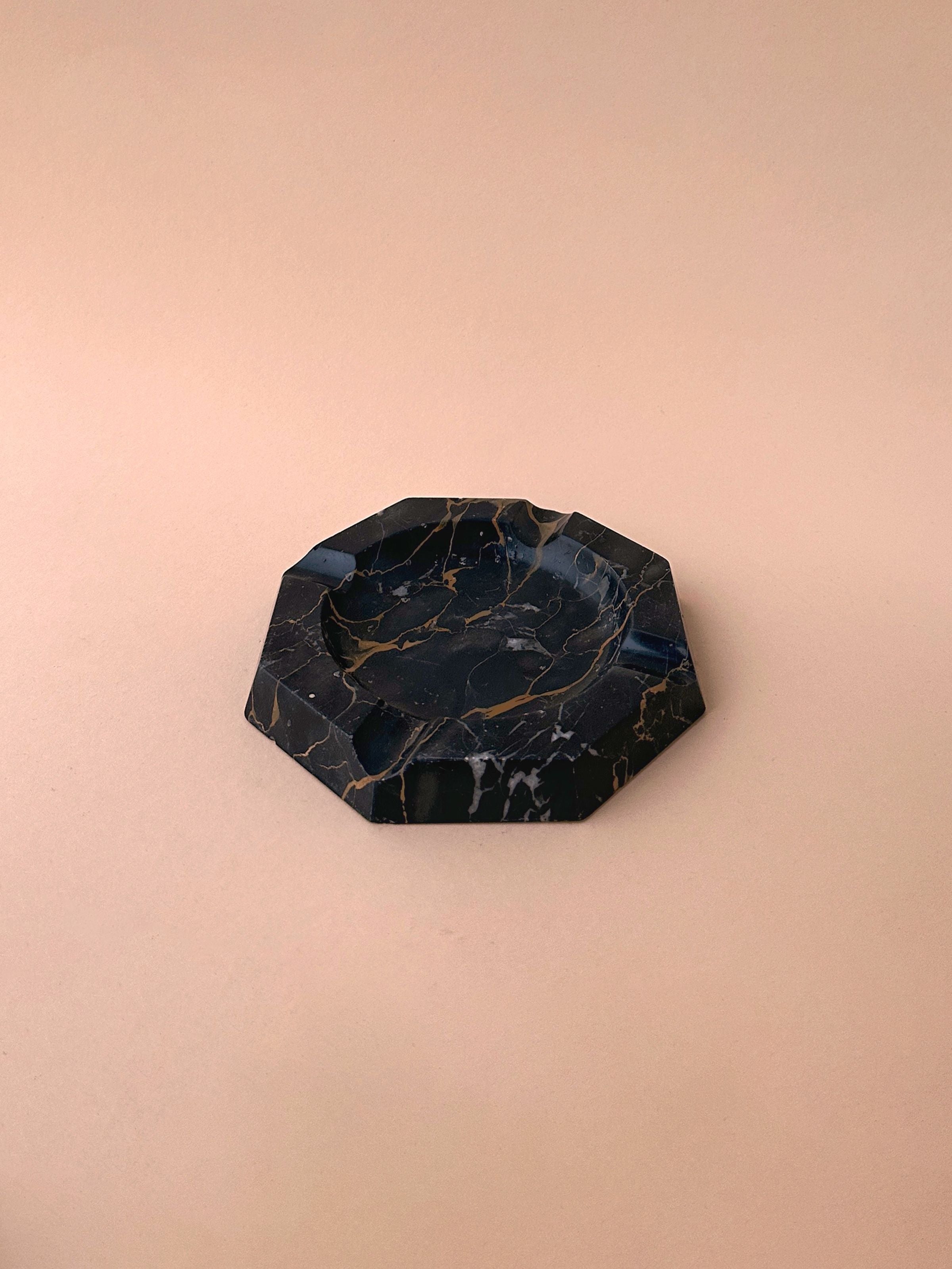 1970s Black Marble Ashtray Octagonal Shape