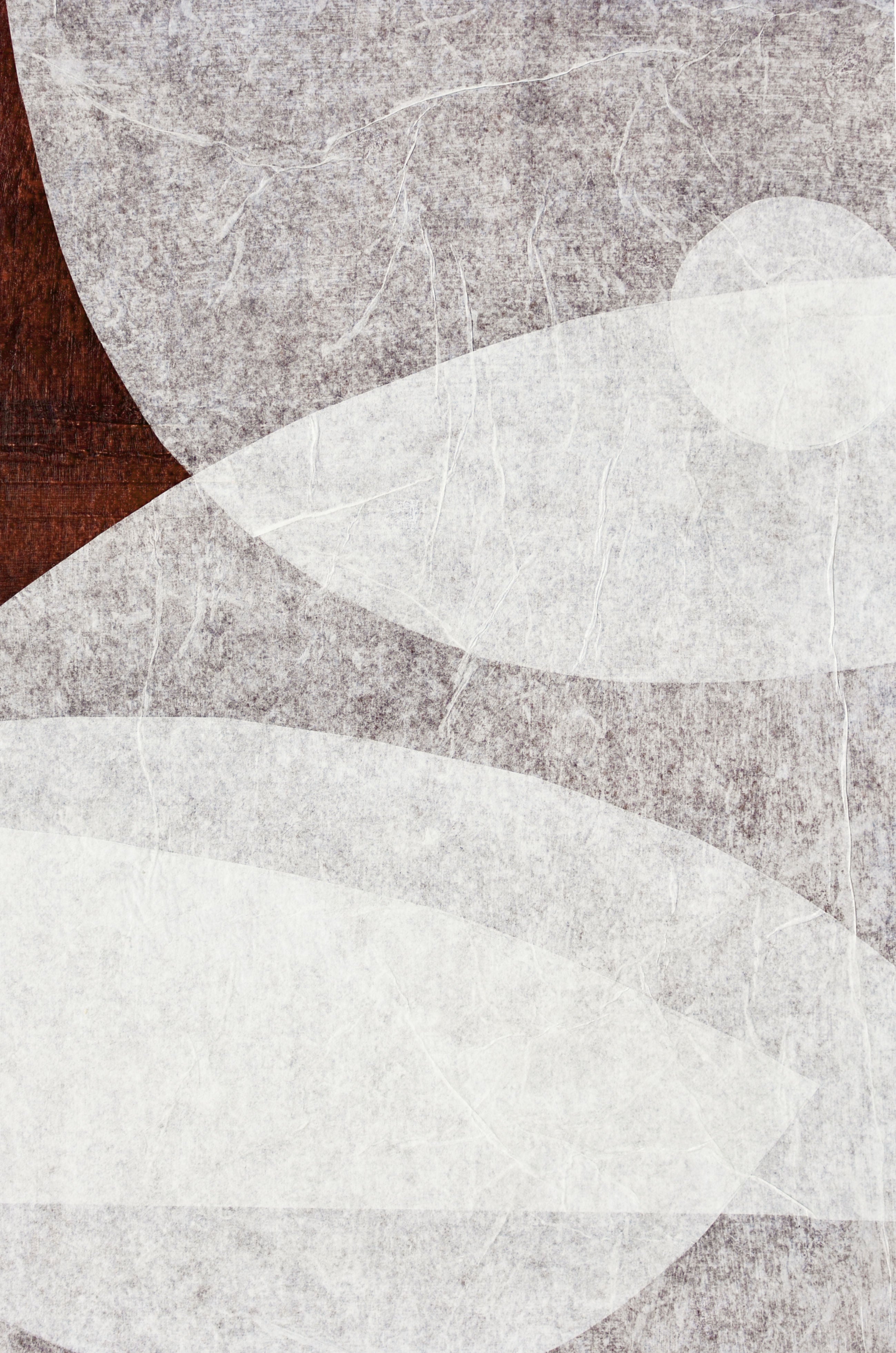 Abstract art with layered white and brown curved shapes on handmade cotton paper, creating a flowing, wave-like composition by Julita Elbe's Moment.